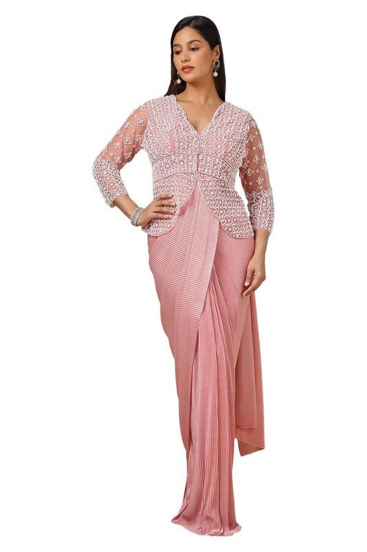 Soch Womens Peach Satin Embellished Ready-To-Wear Saree With Jacket