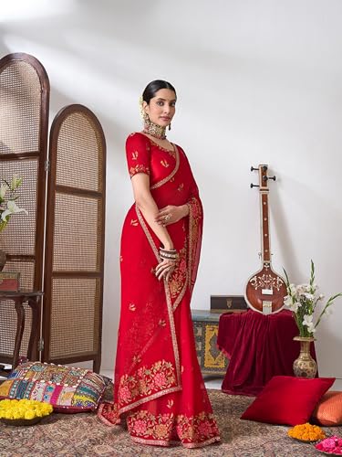Laxmipati Gajak Red Chiffon Floral Embroidered Saree