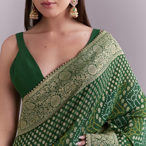 KALKI Fashion Green Georgette Bandhani Saree With Butti And Floral Border Georgette sarees for women | Traditional Ethnic Wear |Fashion Wear| Wedding Collection | Festive Saree