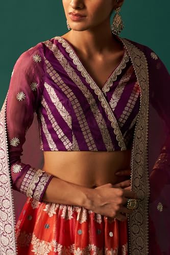 Wishful Women's Purple Zari Embroidered Jacquard Blouse with Flared Skirt and Dupatta Set (SP12839-314426-XL)