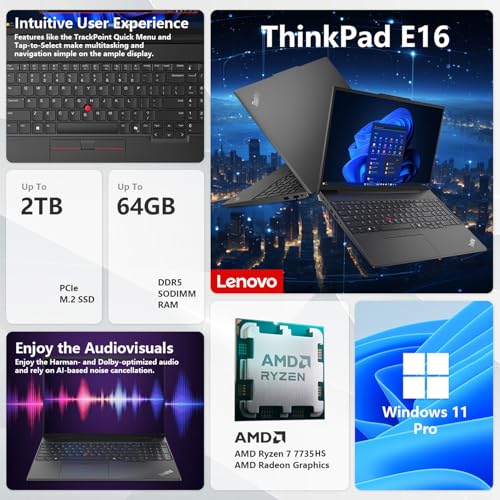 Lenovo ThinkPad E16 Gen 2 Business Laptop, 16" FHD+ Display, AMD Ryzen 7 7735U, 64GB DDR5 RAM, 1TB SSD, Fingerprint, Backlit, Wi-Fi 6, Windows 11 Pro, Bundle with Targus USB-C 100W Docking Station