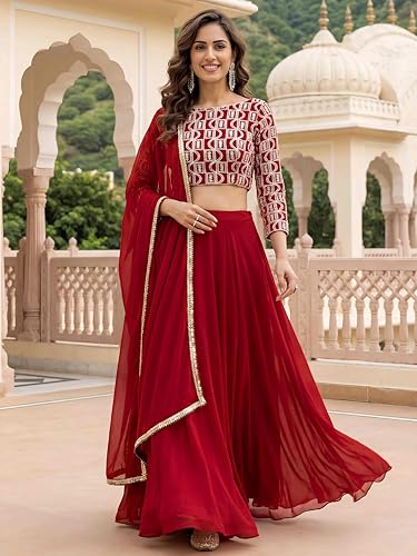 Zeel Clothing Women's Chikankari Sequins Embroidered Georgette Lehenga Choli with Dupatta (5050-Red-Women-New-Lehenga-Choli; Free Size)