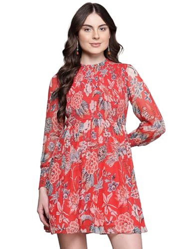 Label RITU KUMAR Closed Neck Full Sleeves Printed Short Dress Red