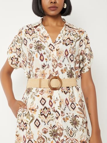 Max Women Printed Midi Dress with Belt (Beige_XXL)
