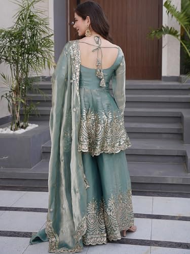 VARNI FABRICS: A lady's First Love Women's Teal Blue Fandy Silk Embroidered Kurta With Sharara And Dupatta Set, Ethnic Set For Women (IN, Alpha, L, Regular)