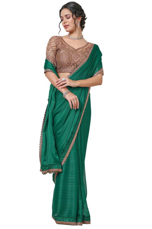 Soch Womens Green Chiffon Striped Saree with Copper Lace Border