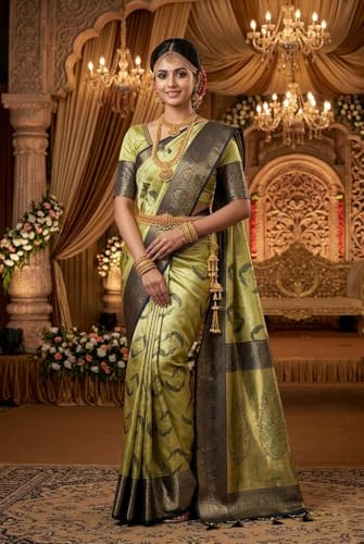 VFCollections Women's Traditional Handloom Kanchipuram Silk Pure Pattu Sarees | Rich Zari Woven Design | Bridal Saree | Unstitched Blouse (VFC717-5)