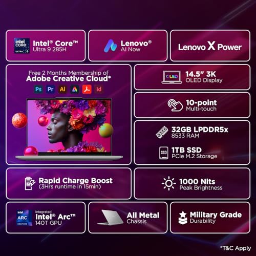 Lenovo Yoga Pro 7 Aura Edition Intel Evo Core Ultra 9 285H (32GB RAM/1TB SSD/14.5" (36.8cm)/3K OLED Touchscreen/AI PC/Copilot+ PC/Windows 11/Office Home 2024 AI Now/Grey/1.5Kg), 83KF004CIN