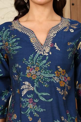 W for Woman Royal Blue Foil Floral Printed Vicuna Crepe Straight Kurta and Pants Set (Size: XS)-24AUWS11761A-125031