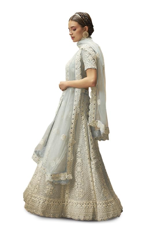 Soch Womens Powder Blue Net All-Over Embroidered Unstitched Lehenga Set with Stonework