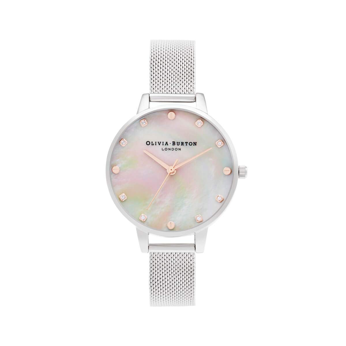 Olivia burton Classics Qtz Basic White Mother of Pearl & Stone & Stud Round Dial Women's Watch|Stainless Steel Material|Silver Color Band - OB16SE07