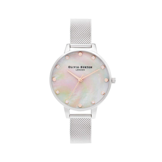 Olivia burton Classics Qtz Basic White Mother of Pearl & Stone & Stud Round Dial Women's Watch|Stainless Steel Material|Silver Color Band - OB16SE07