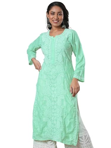 Ada Hand Embroidered Lucknowi Chikankari Cotton Straight Kurta Kurti for Women A411684 Green (2XL)