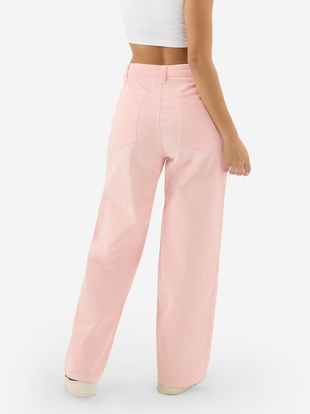 The Souled Store Peachy Pink Women and Girls Buttoned Cotton Blend Straight Fit Corduroy Pants