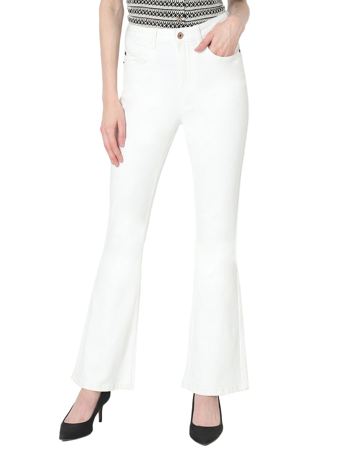 VERO MODA Women Solid White Cotton Flared High Rise Jeans