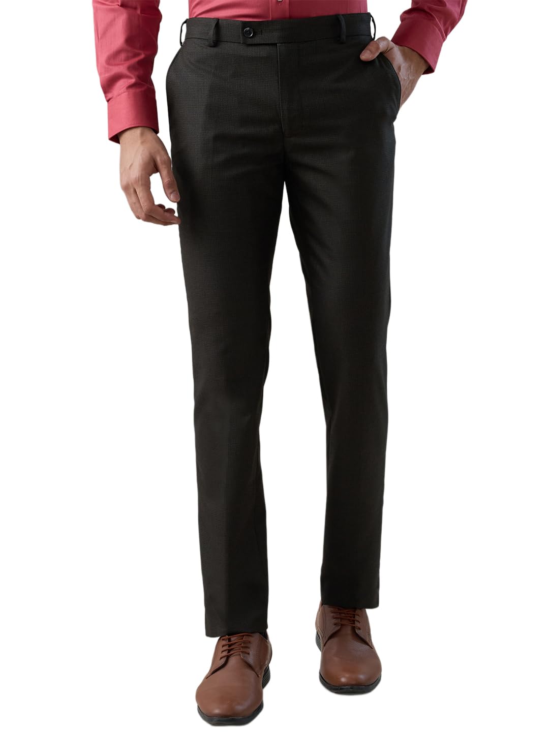 Raymond Men Slim Fit Structure Pattern Polyester Blend Flat Front Formal Trouser Brown