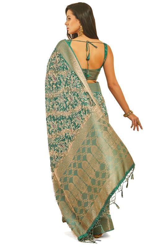 Soch Womens Teal Ethnic Print Chanderi Jacquard Weave Saree