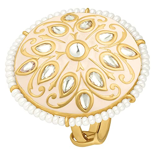 Peora Traditional Gold Plated Meena Work Kundan Pearl Adjustable Ring for Women Girls (Cream)
