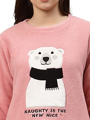 Sweet Dreams Women Applique Polar Fleece Round Neck Full Sleeve Winter Tracksuit (Night Suit)-Pink