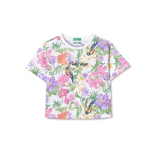 United Colors of Benetton Cropped Round Neck Floral T-Shirt White