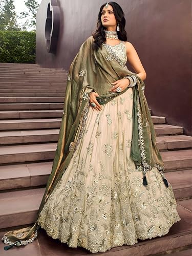 Zeel Clothing Women's Dori, Sequins and Thread Embroidered Work Cosmos Silk Lehenga Choli With Dupatta (6019-Green-Women-Lehenga-Choli-Latest; Free size)