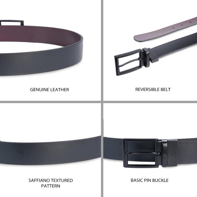 UNITED COLORS OF BENETTON Aarberg Leather Men Reversible Belt - Black+Wine, S 80Cm | Waist Range: 28-32 | Saffiano Textured Reversible Belt With Pin Closure