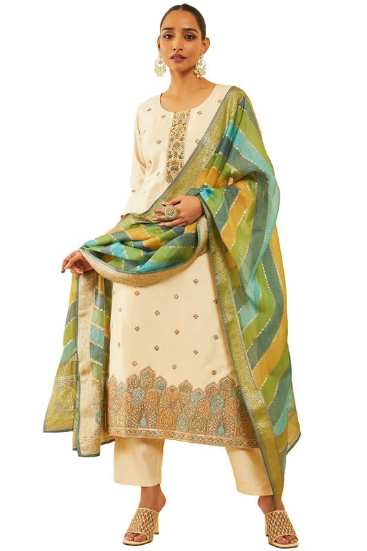 Soch Womens Cream Silk Blend Floral Embroidered Suit Set With Zardosi Work