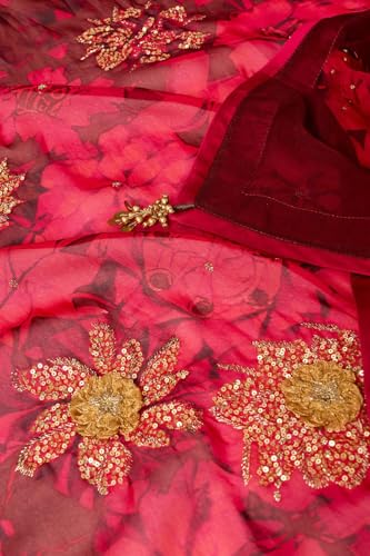 Taneira Women Dark Red Printed Embroidered Viscose Organza Saree with Unstitched Blouse Piece (SAIP14AC2558-Dark Red)