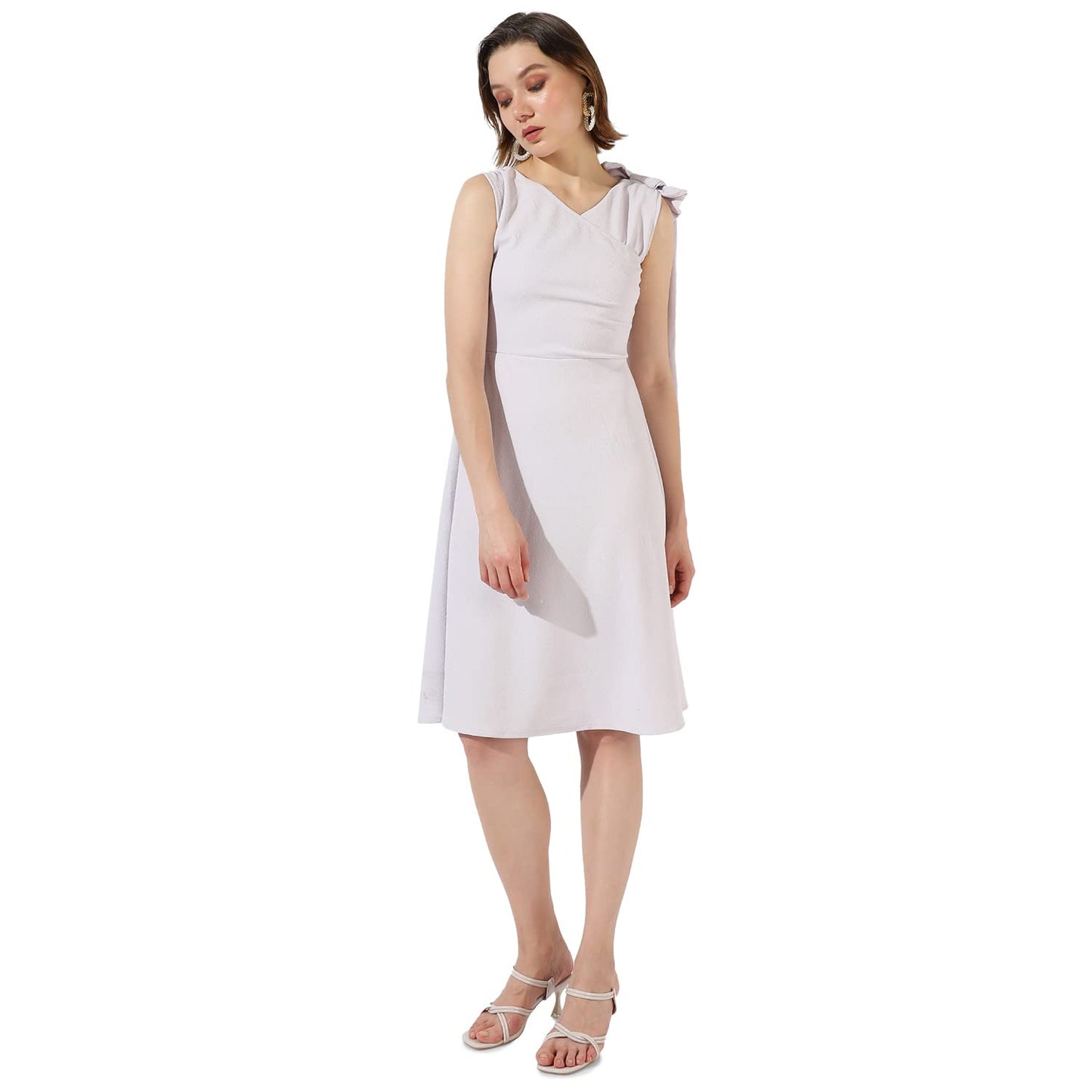 Campus Sutra Women's Solid White Sleeveless Midi Length Regular Fit Dress for Casual Wear | V Neck Dress Crafted with Comfort Fit and High Performance for Everyday Wear