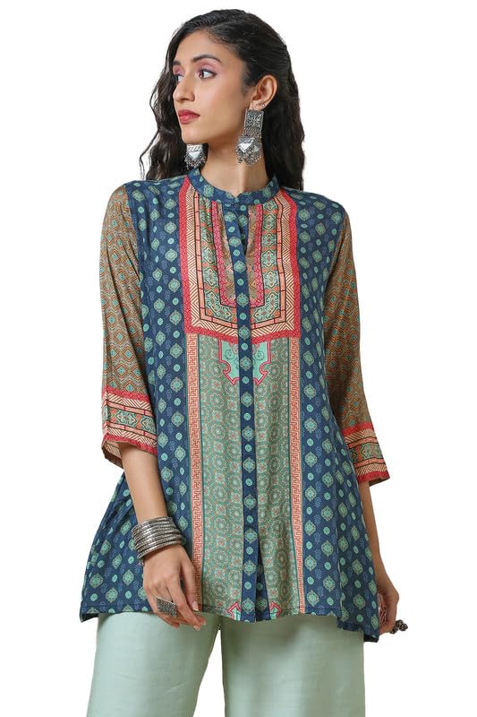 Soch Womens Blue Viscose Muslin Ethnic Motifs Print A Line Tunic