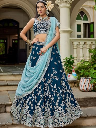 Zeel Clothing Women's Zari Sequins Embroidered Work Rangoli Silk Lehenga Choli With Dupatta (5139-Blue-Women-Lehenga-Choli; Free size)