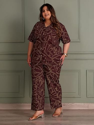 TITTLI Women All-Over Printed Rayon Shirt & Pyjama Nightsuit | Shirt Collar & Short Sleeves | 2 Pockets and Elasticated Waist Pyjama | Comfortable Plus Size Nightsuit Wine