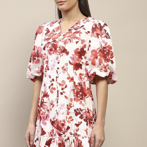 Madame Cotton Floral Print Tiered Red Mini Dress for Women