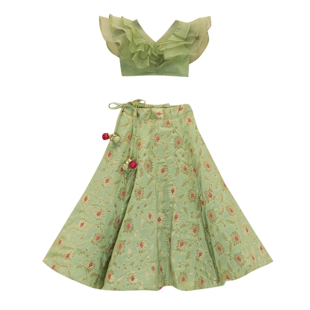 Hopscotch Girls Cotton Blend Ethnic Sets in Green Color For Ages (10-11 Years)