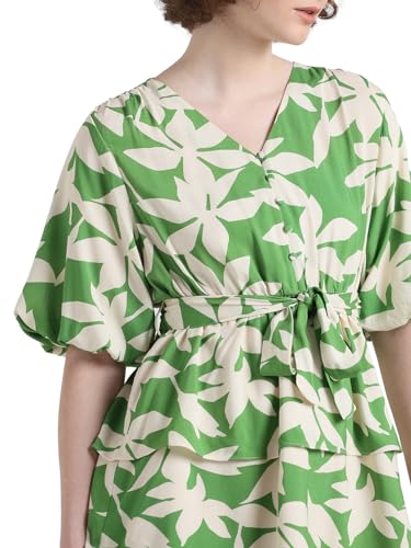 ONLY Women Printed Polyester Short Length Fit & Flare Green Tiered Dress