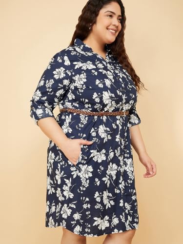 Max Women Floral Print Shirt Dress with Belt (Blue_6XL)