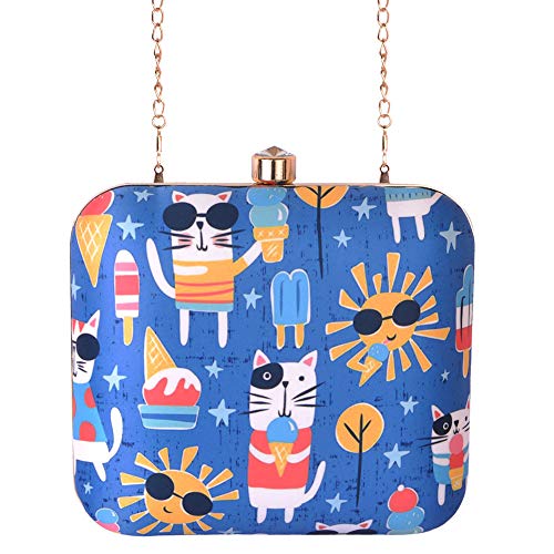 Artklim Sky Blue Cat, Sun & Ice Cream Hard Case Box Clutch with Detachable Strap Chain - Quirky Evening Bag - Stylish Occasions Purse - Gift for Girls