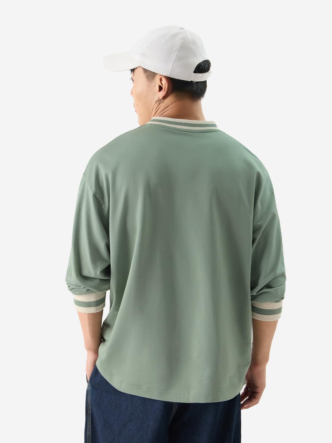 The Souled Store Solids: Sage Green Men and Boys Round Neck Oversized Fit Full Sleeve T-Shirts Oversized Men's T-Shirts Solid Basic Tees Casual Fashion Relaxed Fit Full Sleeves Round Neck Block