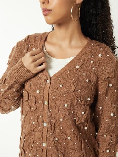 Max Women Pearl Embellished Cardigan (Beige_L)