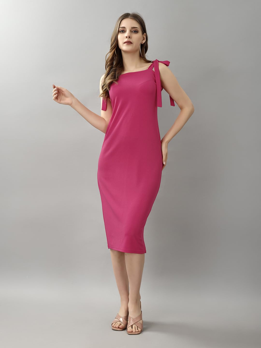 Attire Empire Women Solid Pink Squared Neck Tie-Up Shoulder Straps Bodycon Midi Dress