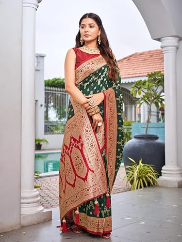 MANOHARI Women's Most Trendy Banarasi Satin Silk Woven Green & Red Saree With Heavy Jacquard Work Saree With Blouse Piece_MN2065