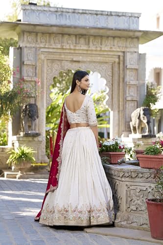 JIHU CULTURE Off-White Vichitra Silk Fabric Thread Embroidery Work Semi Stitched Lehenga Choli With Dupatta Set For Women, 44