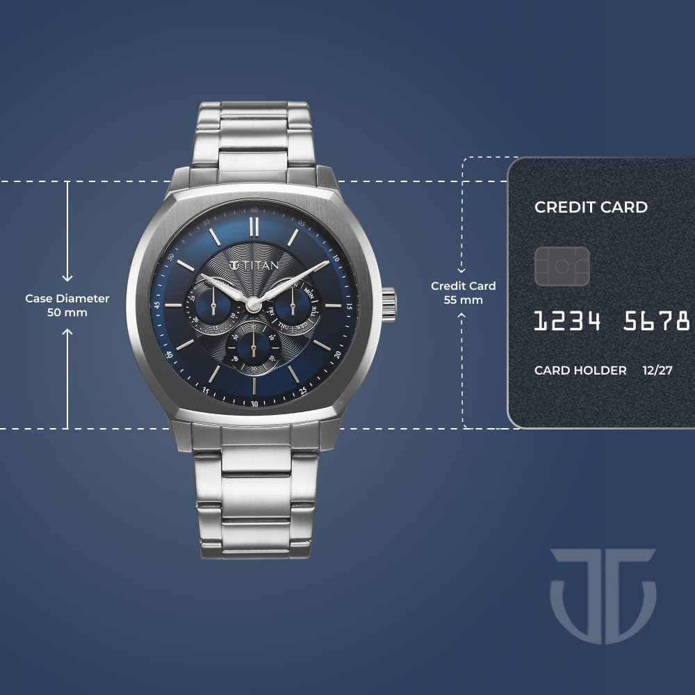 Titan Regalia Arc Analog with Day Date Second Subdial and Blue Dial Stainless Steel Strap Watch for Men - 90213SM01