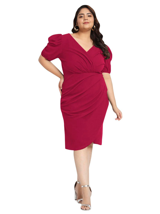 wild U Women Plus Size Bodycon Dress | Stretchable | Puff Sleeve | Knee Length | Western Stylish (Fuchsia Pink - 7XL)