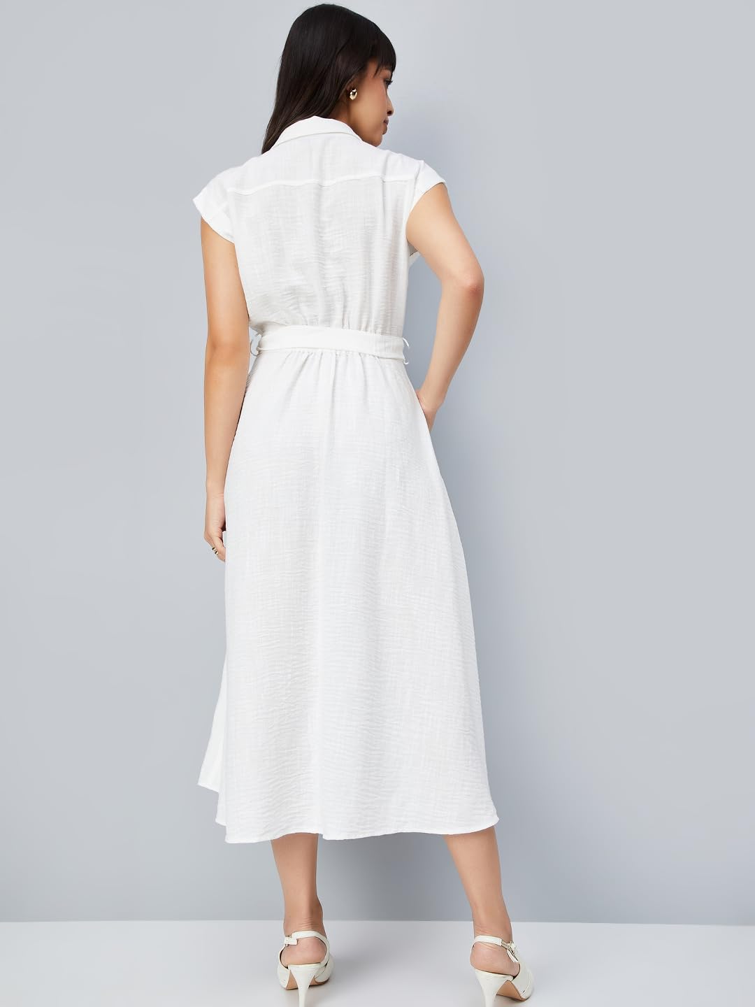 Max Women Solid A-line Belted Dress (Off White_S)