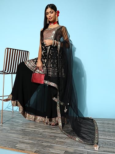 Libas Art Womens Embroidered Georgette Straight Kurta With Palazzos and Dupatta
