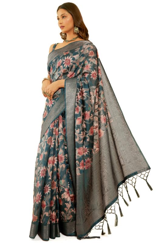 Soch Womens Teal Floral Print Jacquard Chanderi Saree