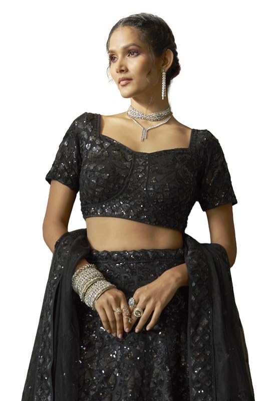 Soch Womens Black Net All-Over Floral Pattern Sequin Embellished Unstitched Lehenga Set