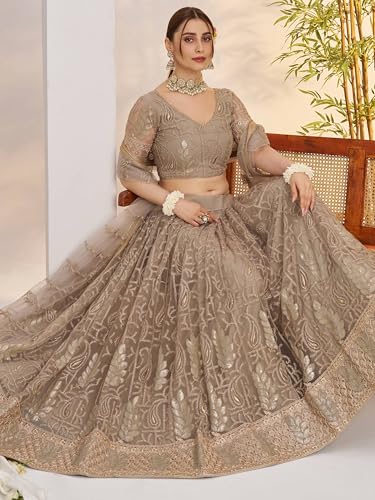 Zeel Clothing Women's Cotton Thread Sequins Work Embroidery Soft Net Lehenga Choli With Dupatta (NFH-2150-Matellic-Grey-Lehenga-Choli; Free size) (Matellic Grey)