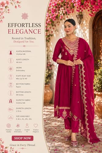 VARNI FABRICS: A lady's First Love Women's Vichitra Silk Pink Embroidered Flared Kurta With Pant And Dupatta,Ethnic Set (IN, Alpha, M, Regular)